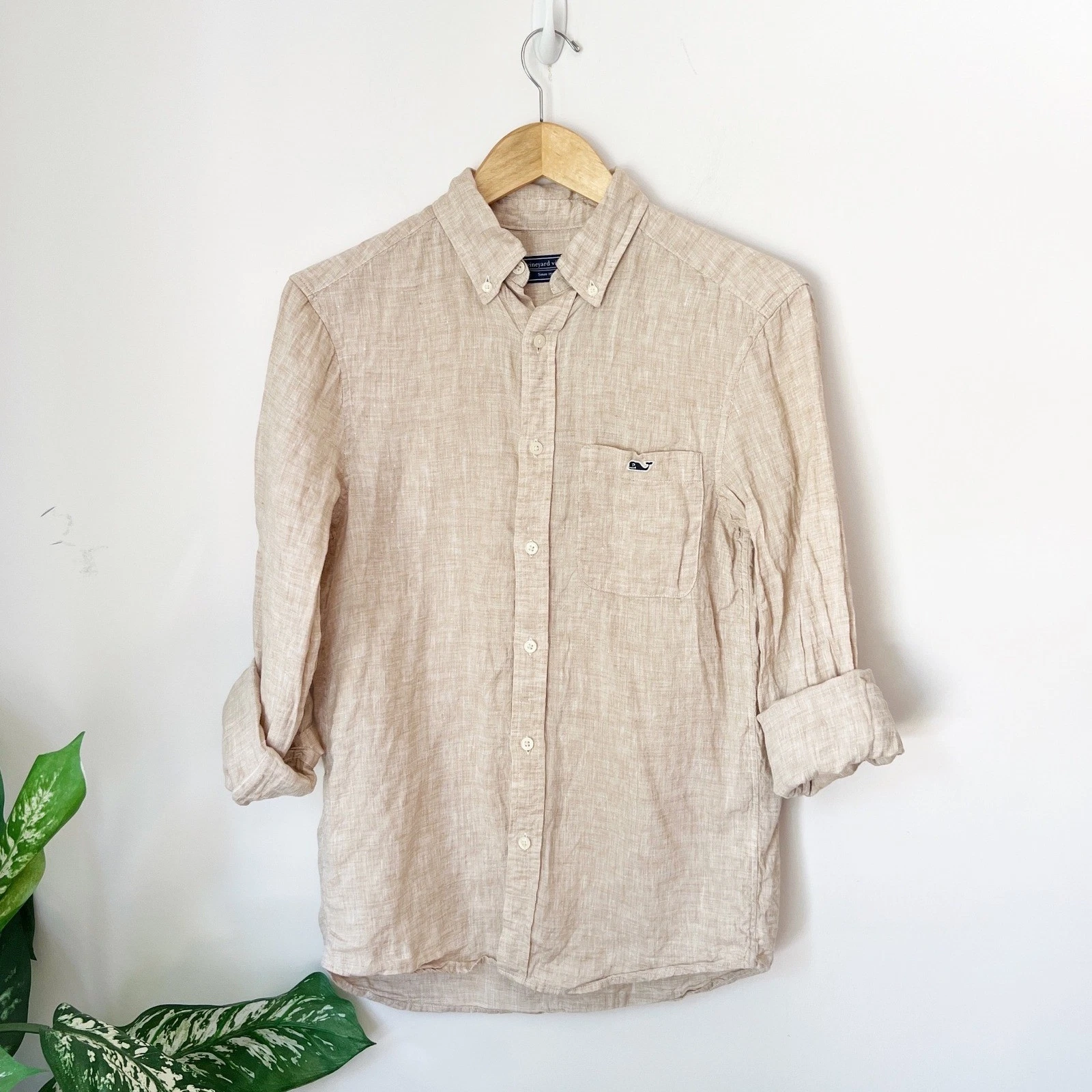 Vineyard Vines Button Down Tan 100% Linen Whale Logo Shirt XS Mens Beach Photo