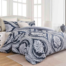 Boho Duvet Cover Set King Size, Navy Blue White Floral Damask Print Pattern, Sof