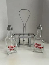 Vintage 50’s Style Art Deco MCM Glass Chrome Plated Oil Vinegar Cruet Set Stand