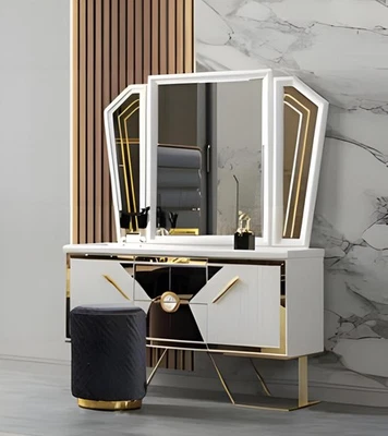 Gold-Weißer Schminktisch Exklusiver Frisiertisch Schlafzimmer Möbel - Bild 1 von 2