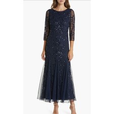 Pisarro Nights Navy Beaded Sequin Gown 16Dress 3/4 Sleeve Formal Evening Wedding