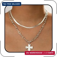 Chunky Cross Necklace for Women,Gold Silver Layered Hammered Cross Pendant Neckl