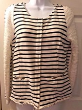 Mystree Moto Jacket Blue White Striped Coat Contrast Exposed Zip Nautical Sz L