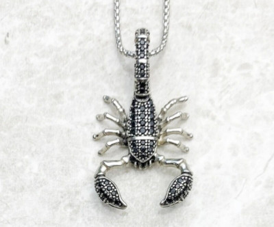 Scorpion Pendant Link Chain Necklace 18'' 925 Sterling Silver Black Onyx