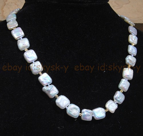 11-12mm Flat Square Baroque White Natural Freshwater Pearl Necklace 14-36'' - Picture 7 of 14
