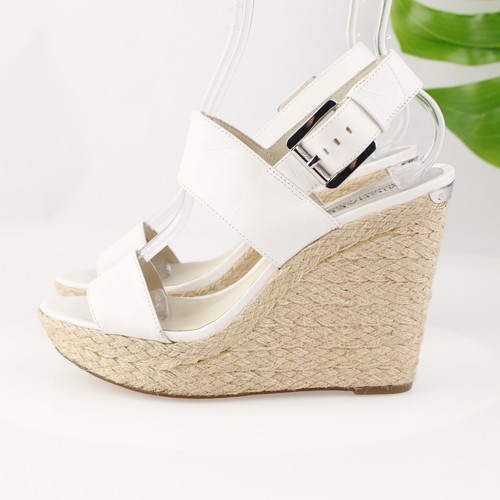 Michael Kors Women Posey Sandal Size 8.5 White Leather Raffia Wedge Platform - Picture 6 of 14