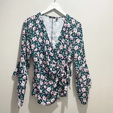 BETABRAND Women's Floral Wrap Side Tie Bell Sleeve Blouse Navy Pink Size Large