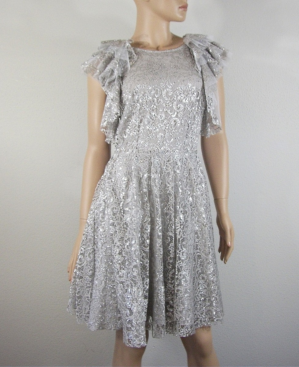 $368 BCBG MAX AZRIA Silver Metallic Lace Dress Size 10 | eBay