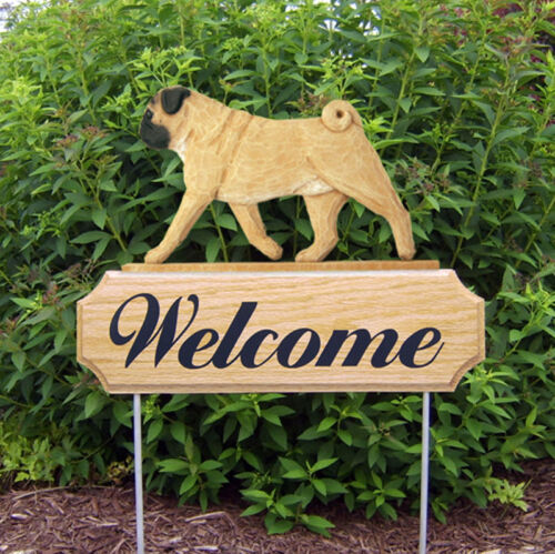 Pug Wood Welcome Outdoor Sign Fawn