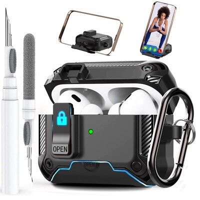 for Airpods Pro 2/1 Gen Case Cover with Lock&Phone Stand (2019/2022/2023), Ru...