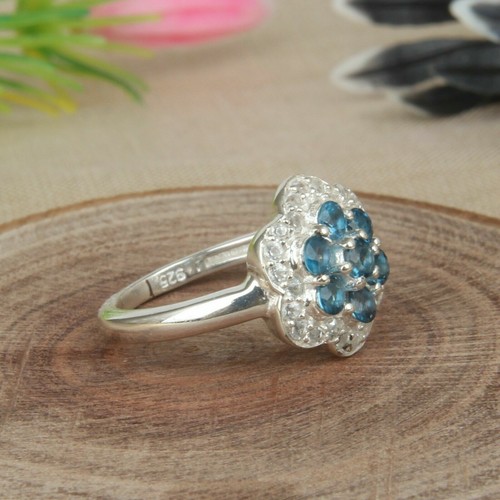 Blue Topaz Cluster Ring 925 Sterling Silver White Topaz Flower Engagement Ring - Picture 2 of 5