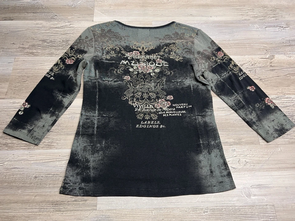 Camisa vintage parisina adornada Top Y2K para mujer talla M negra alfabeto música Foto 2 de 4