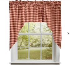 Heritage Check Curtain Set, Barn Red & Khaki Tan, Swag Panels & 2 Valiances