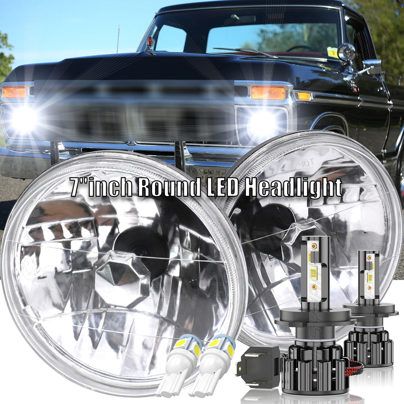 For 69-78 Ford F100 F150 F250 Pair 7inch Round LED Headlights High Low Beam