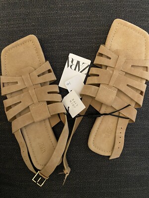 【2plan】Buckle cage sandals ZARA BROWN FLAT SPLIT SUEDE SLINGBACK CAGE SANDALS WITH