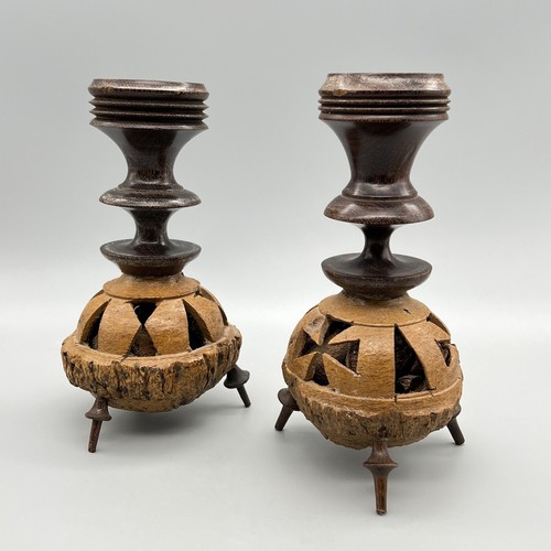 VTG Set HAND-CARVED TURNED-WOOD Brazil Nut Pod CANDLE HOLDERS Folk Art LATIN AM - Picture 10 of 23