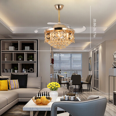 Modern 42'' Crystal Invisible LED Ceiling Fan Chandelier Lamp Gold Light+Remote