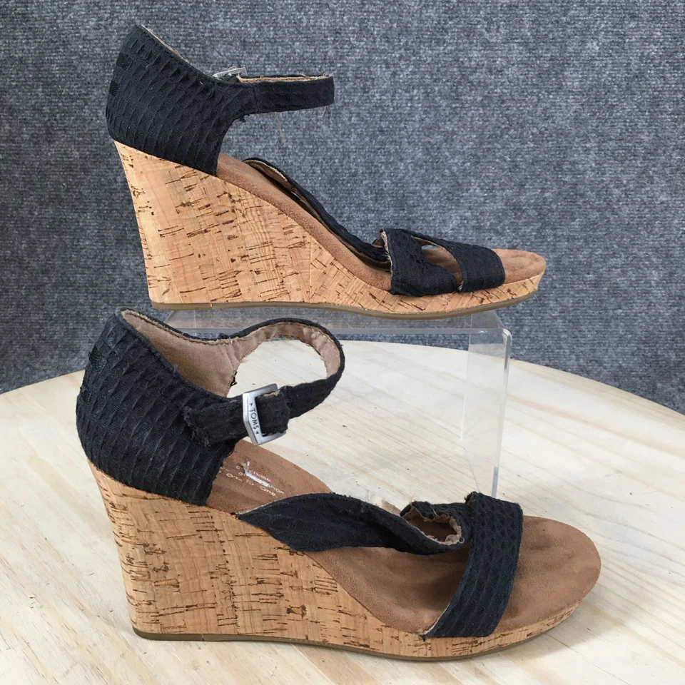 TOMS Tacones Mujer 7.5 Clarissa Informales Punta Abierta Tobillo Tirantes Cuña Tela Azul Foto 2 de 4