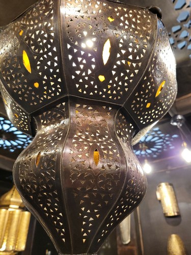 Moroccan Handmade Brass and Amber Glass Ceiling Lamp H55 x W30cm Free PP - Picture 2 of 7