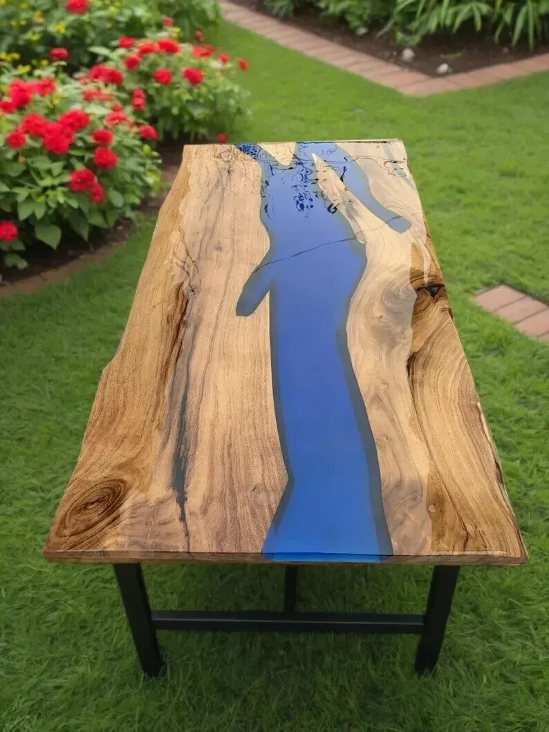 Epoxy Resin Sofa Table with Natural Wood for Dining Hallway Decor