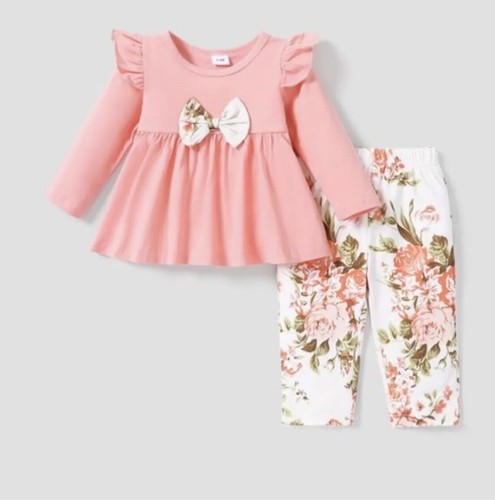 Baby Girls Pink Ruffled Long Sleeve Top & Floral Print Leggings Size 6-9M