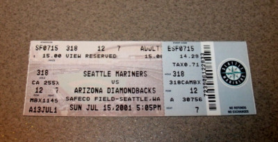 Seattle Mariners 7/15/2001 Full Ticket Aaron Sele CG 2 Hitter Podsednik 1st Hit
