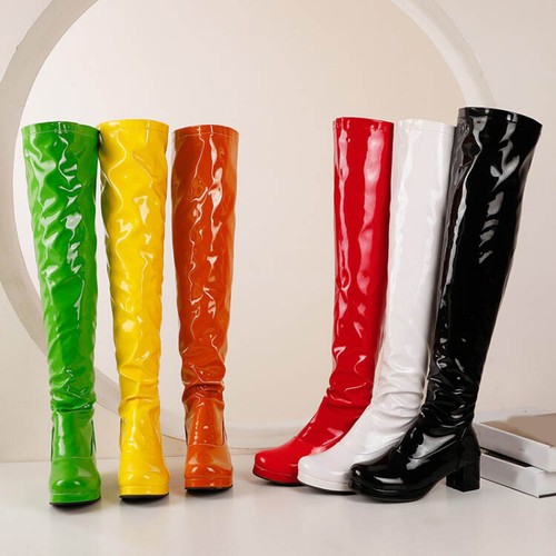 Women Chunky Heel Zip Up Patent Leather 