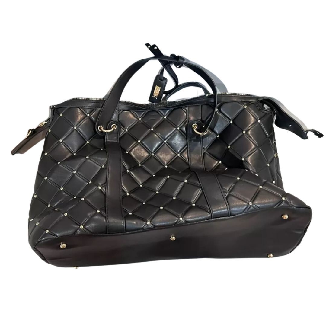 Black Quilted Leather Travel Tote Bag - Weekend Getaway Bag