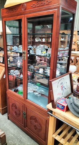 Ornately Carved Wooden Display Cabinet with Cupboards + Glass Shelves & Doors