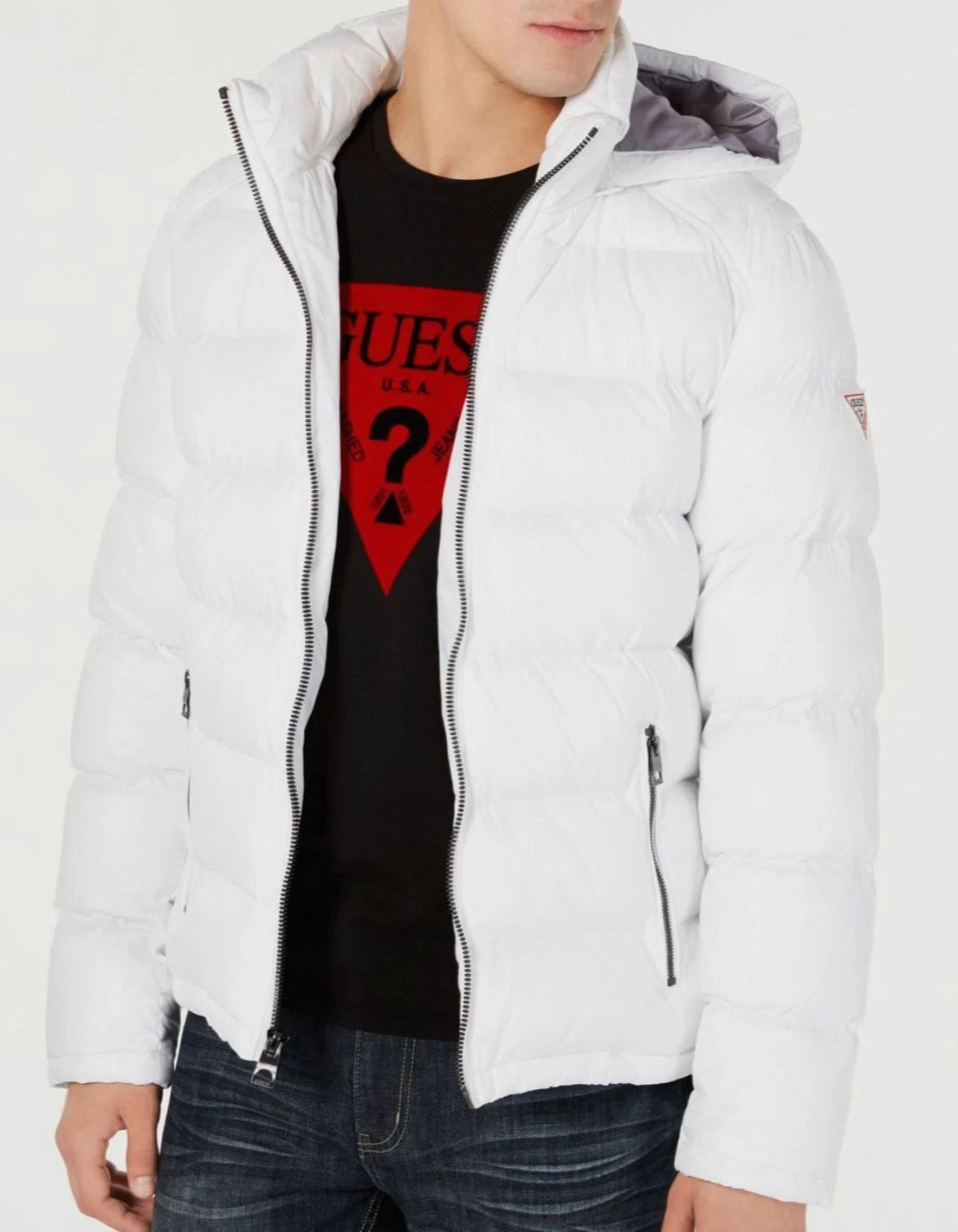 $226 Guess Men's White Full Zip Up Casual Winter Warm Puffer Coat Size M