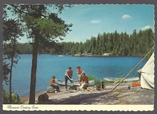 MINNESOTA CAMPING SCENE Postcard Family enjoying Dinner Lakeside Scalloped Edge