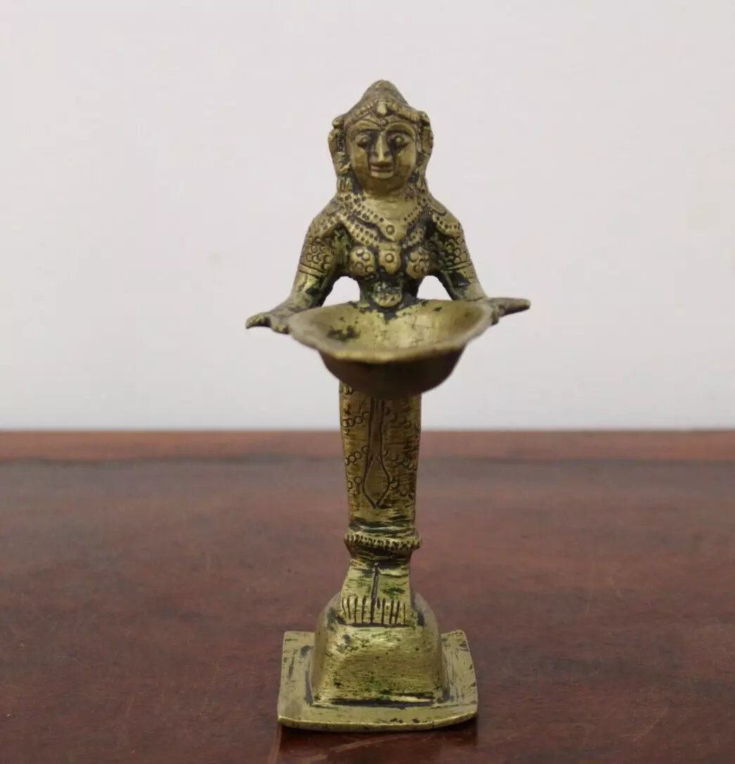 Small Brass Oil Lamp Antique Hindu Home Decor Diya Temple Welcome Lady  Vintage