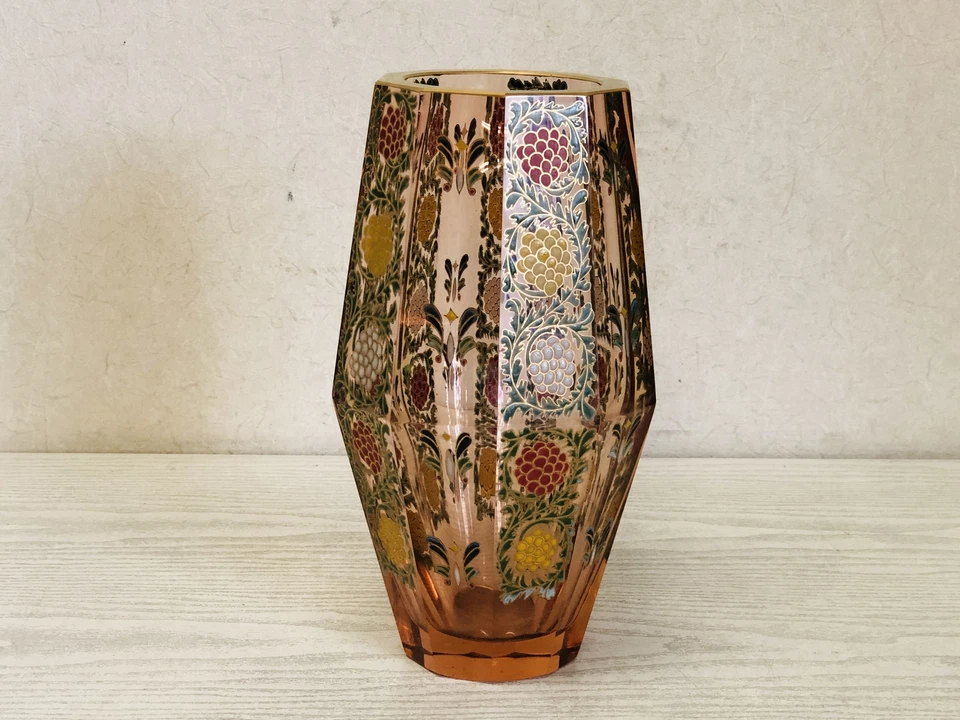 Y3708 FLOWER VASE Kiln Fired Painted Glass signed box Japan ikebana antique - Image 2 of 4