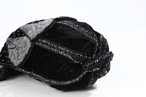 Rare Vintage Velvet Beaded Black Gray Beaded Drawstring Evening Clutch Bag - Picture 6 of 15