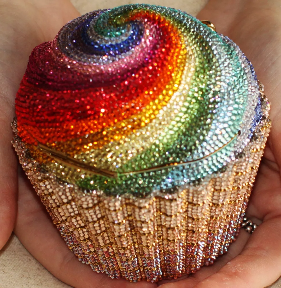 JUDITH LEIBER ICONIC SWAROVSKI CRYSTAL RAINBOW SWIRL CUPCAKE MINAUDIERE  CLUTCH