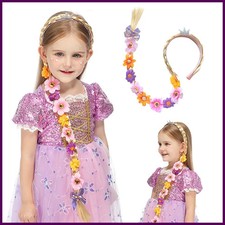 Princess Girls Flowers Headband Flower Fary Dress Up Weaving Long Braid Wig