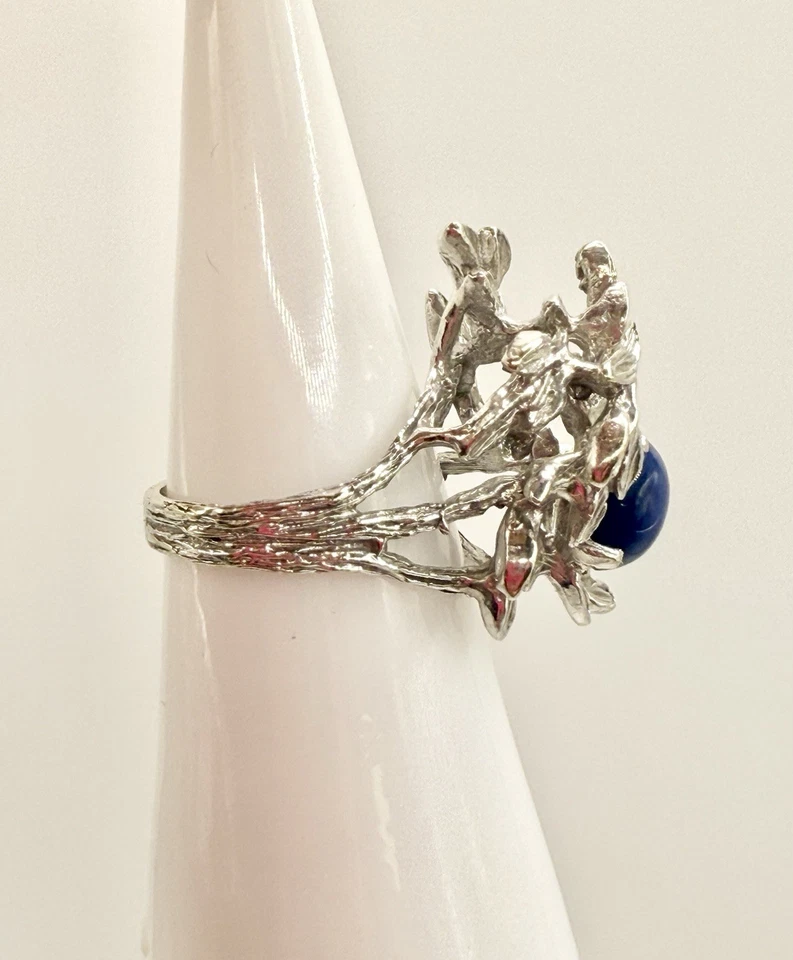 STUNNING 14k White Gold & Natural Blue Star Sapphire Tree Branch Leaf Ring Sz 6 - Image 3 of 4
