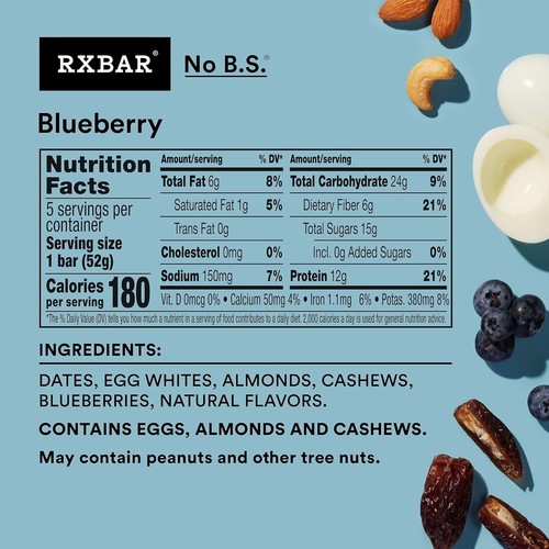 RXBAR Protein Bars, 12g Protein, Gluten Free Snacks, Blueberry (6 30 Count - Picture 2 of 9