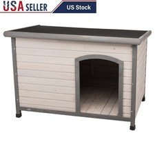 Weatherproof Dog House Elevated Wooden Hinged Roof Outdoor Pet Shelter Plastic