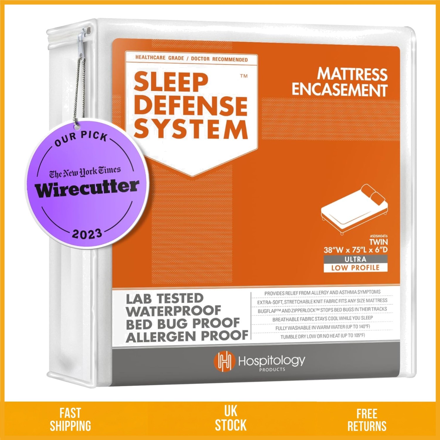 Waterproof Twin Zippered Mattress Encasement 6-8 inch Depth 38x75 1-Pack Case