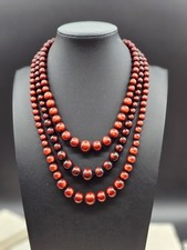Vintage Triple Strand Red Glass Bead Necklace Gold Tone Adjustable