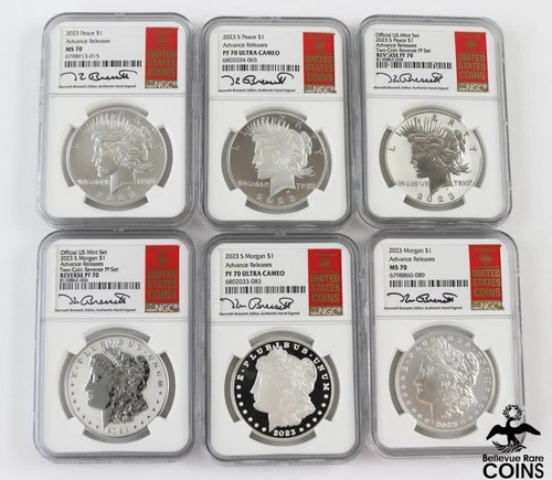 Set of 6: 2023 Morgan & Peace Dollar Silver Coins NGC MS70 & PF70 Ultra Cameo