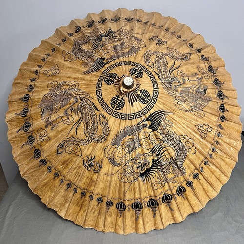 VTG MCM Large Handmade Bamboo & Rice Paper Umbrella Phoenix/Dragon Design 40”