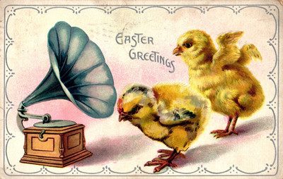 Easter Greetings Baby Chicks Victrola Record Player Antique 1910 Postcard M1