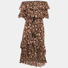 Zimmermann Black Floral Print Linen Tiered Off Shoulder Dress M