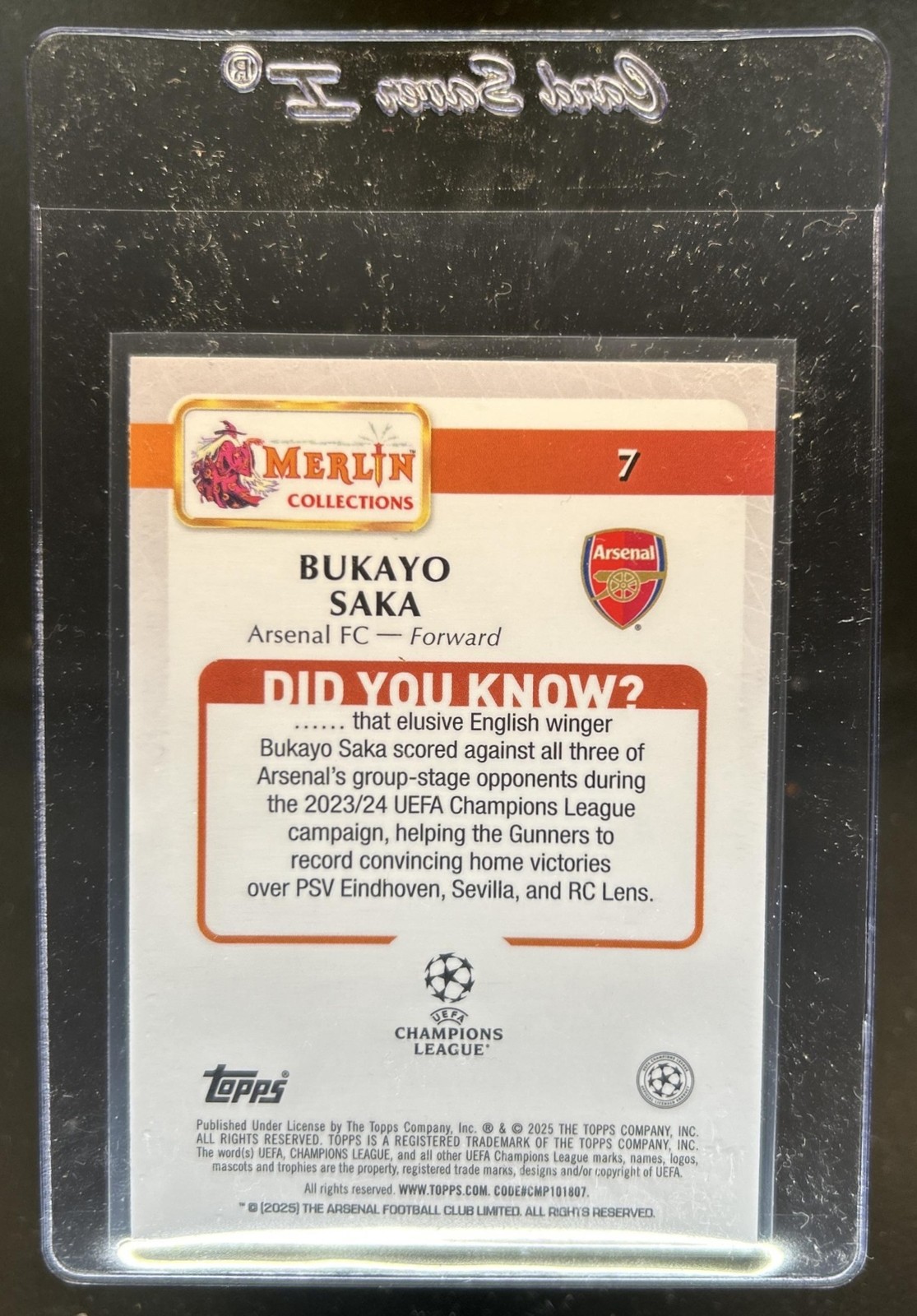 2024-25 Topps Merlin Chrome UEFA Bukayo Saka RC Atomic Refractor #7 Arsenal view 2