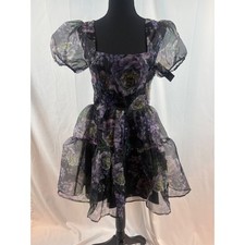 Lulus Floral Puff Sleeve Square Neck Ruffled Organza Mini Dress Purple Black