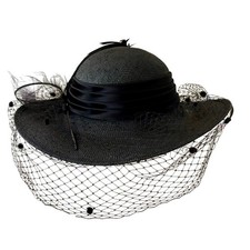 Vintage Accessory Lady Black Straw Hat Veil Feather Detail Wide Brim 13.5"