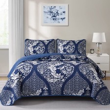 Navy King Quilt Set, Boho Damask Bedspread Coverlet, Soft Lightweight Luxe