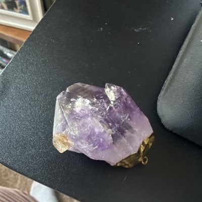 Natural Raw Purple Amethyst Crystal Specimen with Gold-Toned Base, Unique Shape